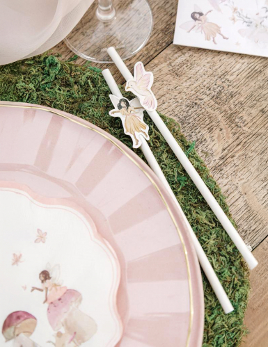 12 pailles fée papier blanc et rose pastel 19,5 cm pour anniversaire enfant