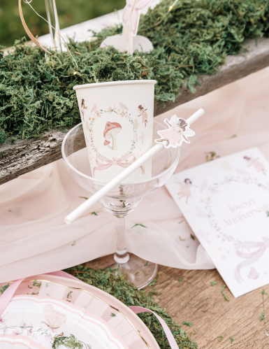 12 pailles fée papier blanc et rose pastel 19,5 cm pour anniversaire enfant