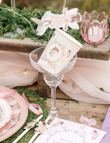 6 gobelets fée carton blanc et rose pastel 255 ml pour anniversaire