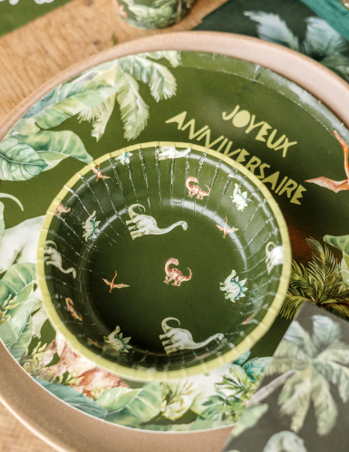 6 bols dinosaures carton vert 13 cm pour anniversaire