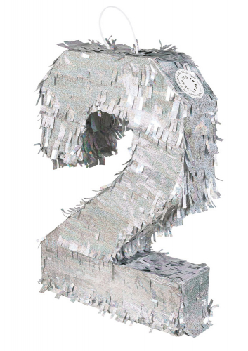 Piñata holographique argent chiffre 2 40 x 28 x 8 cm pour anniversaire