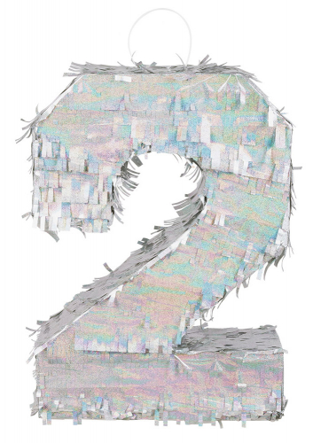 Piñata holographique argent chiffre 2 40 x 28 x 8 cm pour anniversaire
