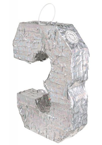 Piñata holographique argent chiffre 3 40 x 28 x 8 cm pour anniversaire