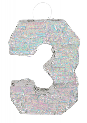 Piñata holographique argent chiffre 3 40 x 28 x 8 cm pour anniversaire
