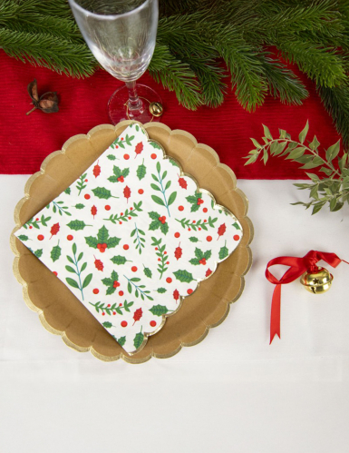 16 serviettes en papier festonnées houx Noël 33 x 33 cm bord doré