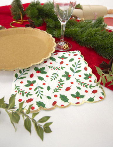 16 serviettes en papier festonnées houx Noël 33 x 33 cm bord doré