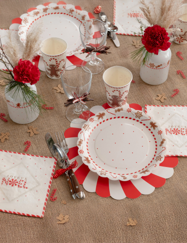10 assiettes blanc et rouge motif gourmandises de noël 23 cm en carton
