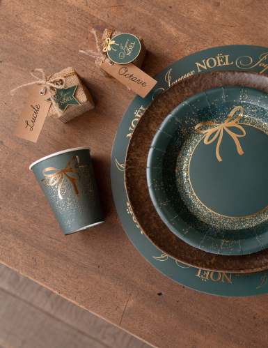 10 gobelets en carton Noël vert et doré 27 cl design festif