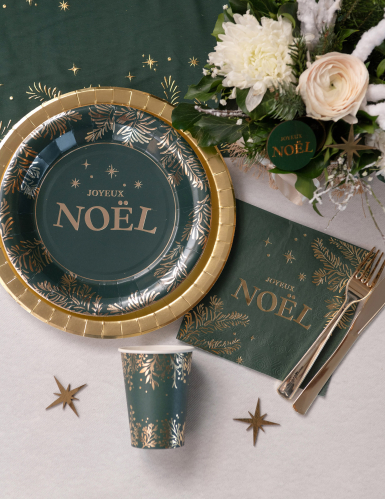 10 serviettes en papier Noël vert et doré 33cm joyeux Noël