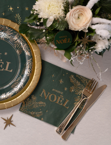10 serviettes en papier Noël vert et doré 33cm joyeux Noël