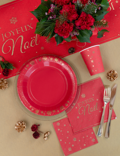 10 assiettes en carton rouge flocon d'or 22,5 cm pour noël