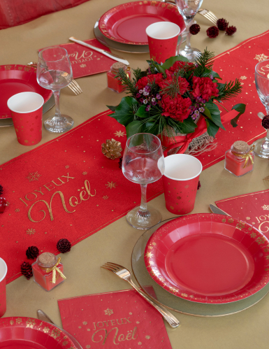 10 assiettes en carton rouge flocon d'or 22,5 cm pour noël