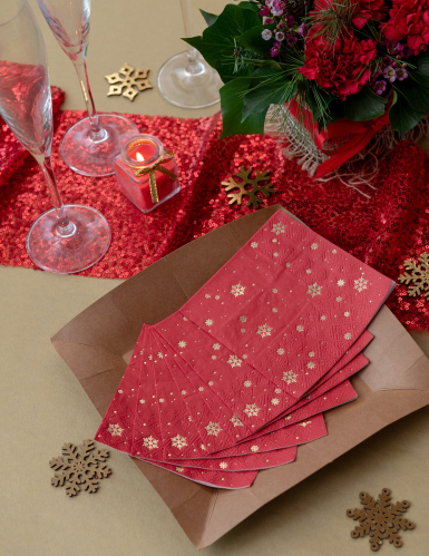 10 petites serviettes en papier rouge flocon d'or 25 x 25 cm de Noël