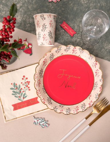 10 serviettes houx de noël 33 x 33 cm bordure dorée