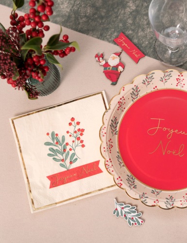 10 serviettes houx de noël 33 x 33 cm bordure dorée