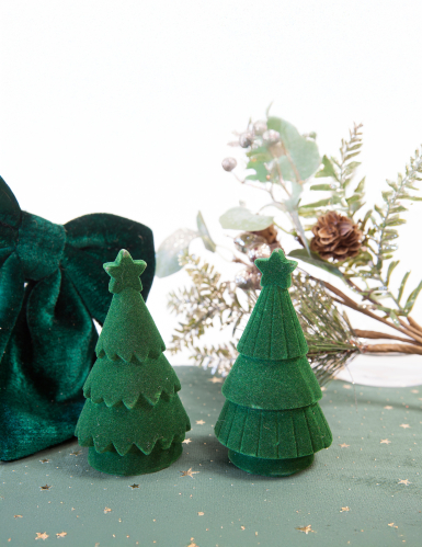 Sapin de Noël en résine effet velours vert 11 cm, décoration de table
