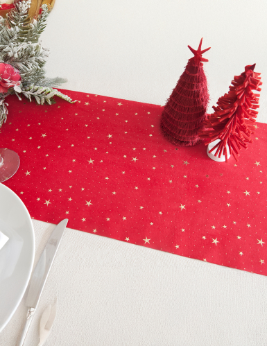 Chemin de table en velours rouge étoiles dorées 3m