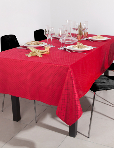 Nappe en velours épais rouge avec motif métallisé 140 x 240 cm pour table de noël