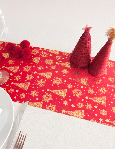 Chemin de table en velours rouge sapin doré 3m pour Noël