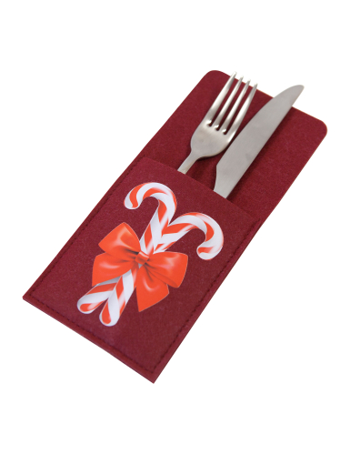2 pochettes porte-couverts en feutrine sucre d'orge rouge et blanc