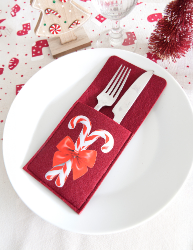 2 pochettes porte-couverts en feutrine sucre d'orge rouge et blanc