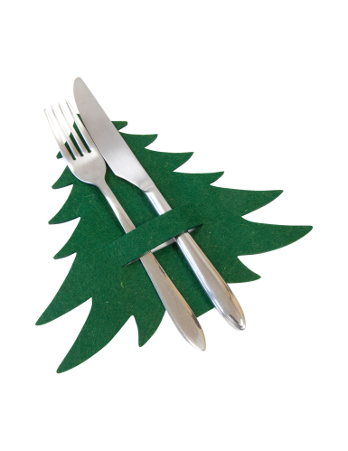 Sapin porte-couverts en feutrine vert et rouge pour décoration de table