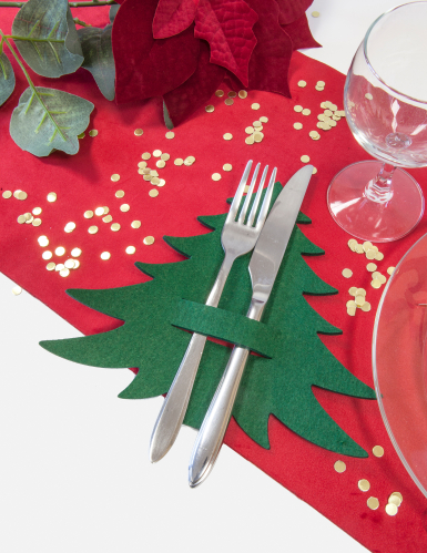Sapin porte-couverts en feutrine vert et rouge pour décoration de table