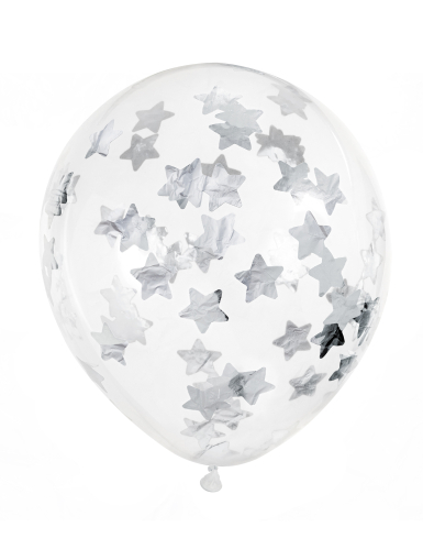 6 Ballons transparents confettis étoiles argentées 30 cm
