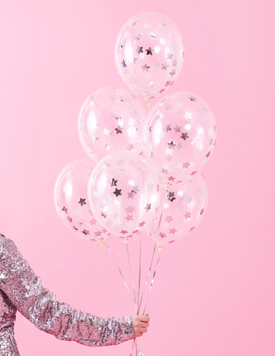 6 Ballons transparents confettis étoiles argentées 30 cm