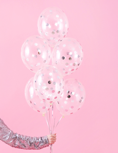 6 Ballons transparents confettis argentés 30 cm