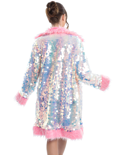 Manteau réversible à paillettes et fausse fourrure rose adulte