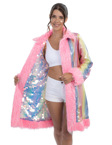 Manteau réversible à paillettes et fausse fourrure rose adulte