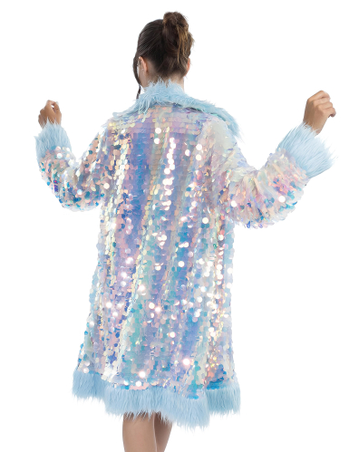 Manteau réversible à paillettes et fausse fourrure bleue adulte