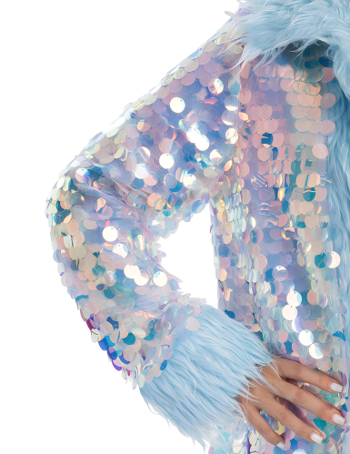 Manteau réversible à paillettes et fausse fourrure bleue adulte