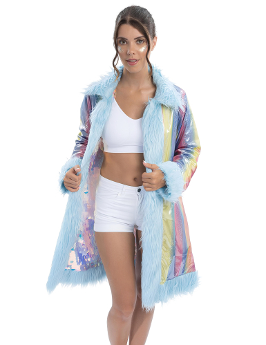 Manteau réversible à paillettes et fausse fourrure bleue adulte