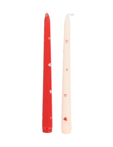 2 Bougies chandelles blanche et rouge avec cœurs 25 cm