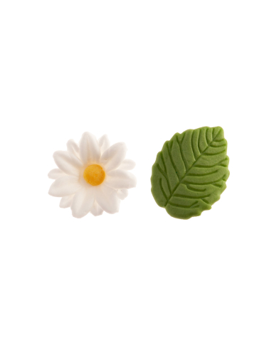 12 Décorations en sucre marguerites et feuilles vertes 3cm