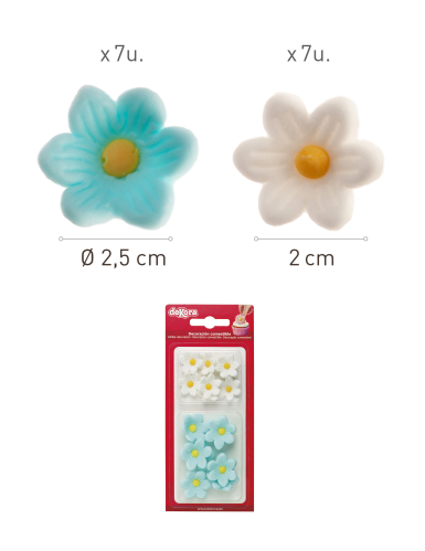 14 Décorations en sucre marguerites bleues et blanches 2.5 cm