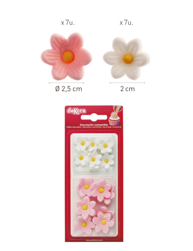 14 Décorations en sucre marguerites roses et blanches 2.5 cm