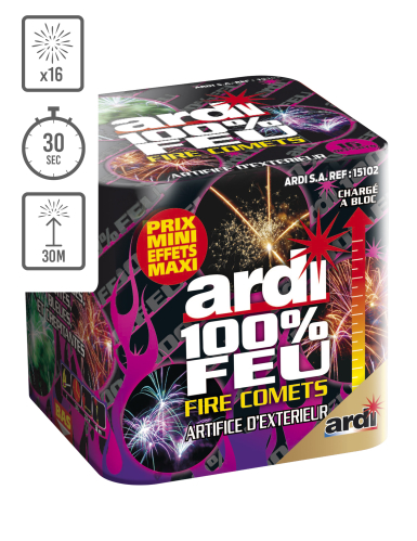 Feu d'artifice compact 100% feu Fire Comets, 16 tirs 30 sec