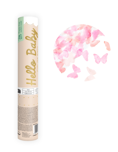 Canon à confettis gender reveal papillons roses 20 cm