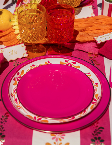 6 Petites assiettes réutilisables en plastique rose et or 19 cm
