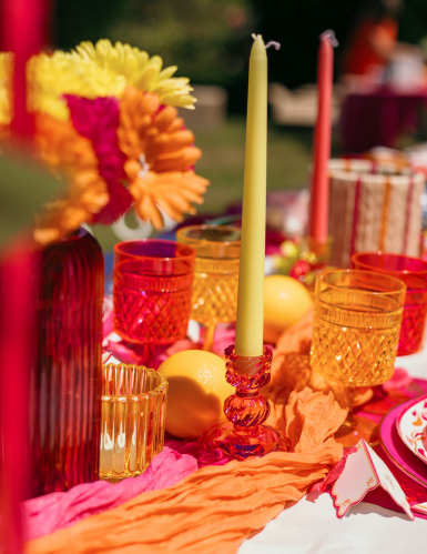3 Bougeoirs à chandelles en verre rose, jaune et orange 10 cm