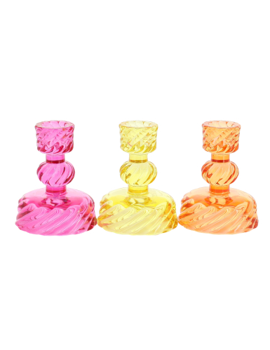 3 Bougeoirs à chandelles en verre rose, jaune et orange 10 cm
