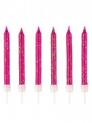 12 bougies d'anniversaire rose fuchsia à paillettes 6 cm avec socles