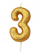 Bougie chiffre 3 doré à paillettes pour anniversaire 9 cm