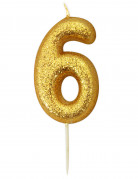 Bougie chiffre 6 doré à paillettes 6,5 cm