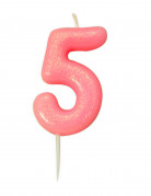 Bougie d'anniversaire chiffre 5 rose irisé 9 cm à paillettes