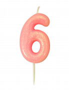 Bougie âge chiffre 6 rose irisé 9 cm à paillettes