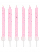 12 bougies roses à paillettes 7,5 cm avec bobèches